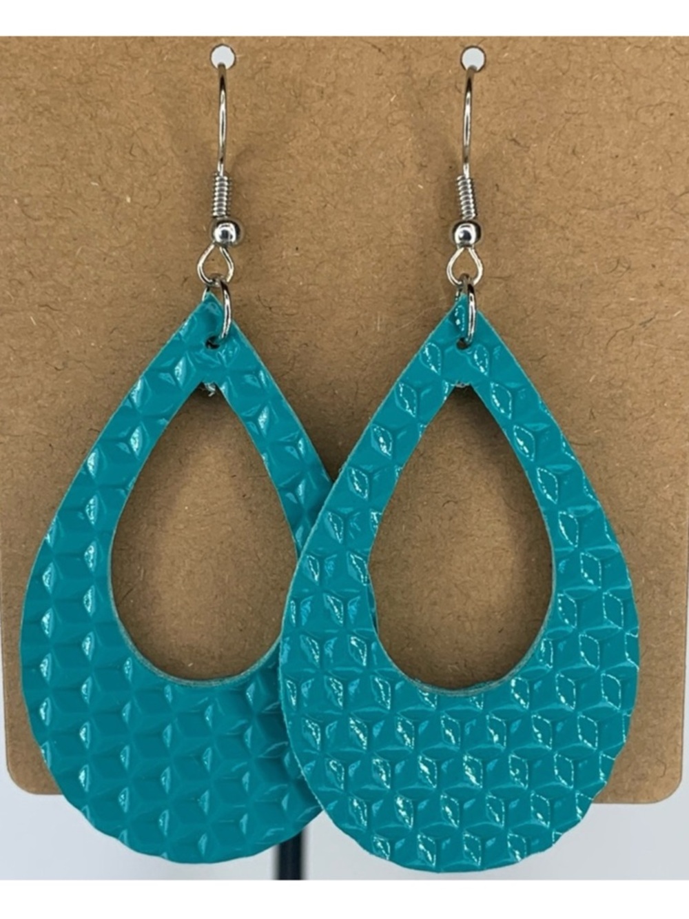 Teal Textured Faux Leather Dangle Earrings